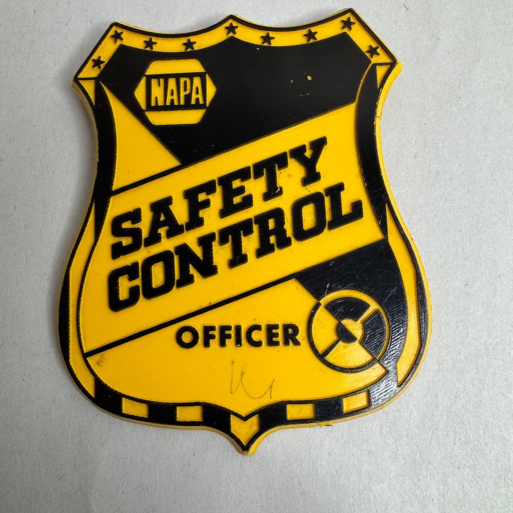 Vintage NAPA Safety Control Officer Shield‎ Pin Yellow Black Plastic Badge